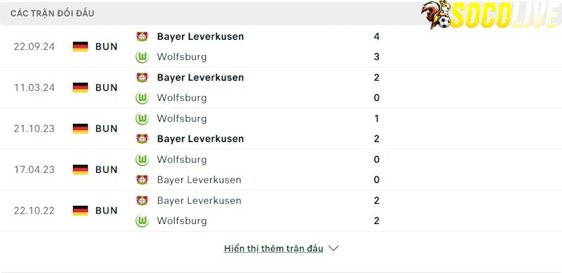 Thành tích đối đầu Wolfsburg vs Bayer Leverkusen Thành tích đối đầu Wolfsburg vs Bayer Leverkusen